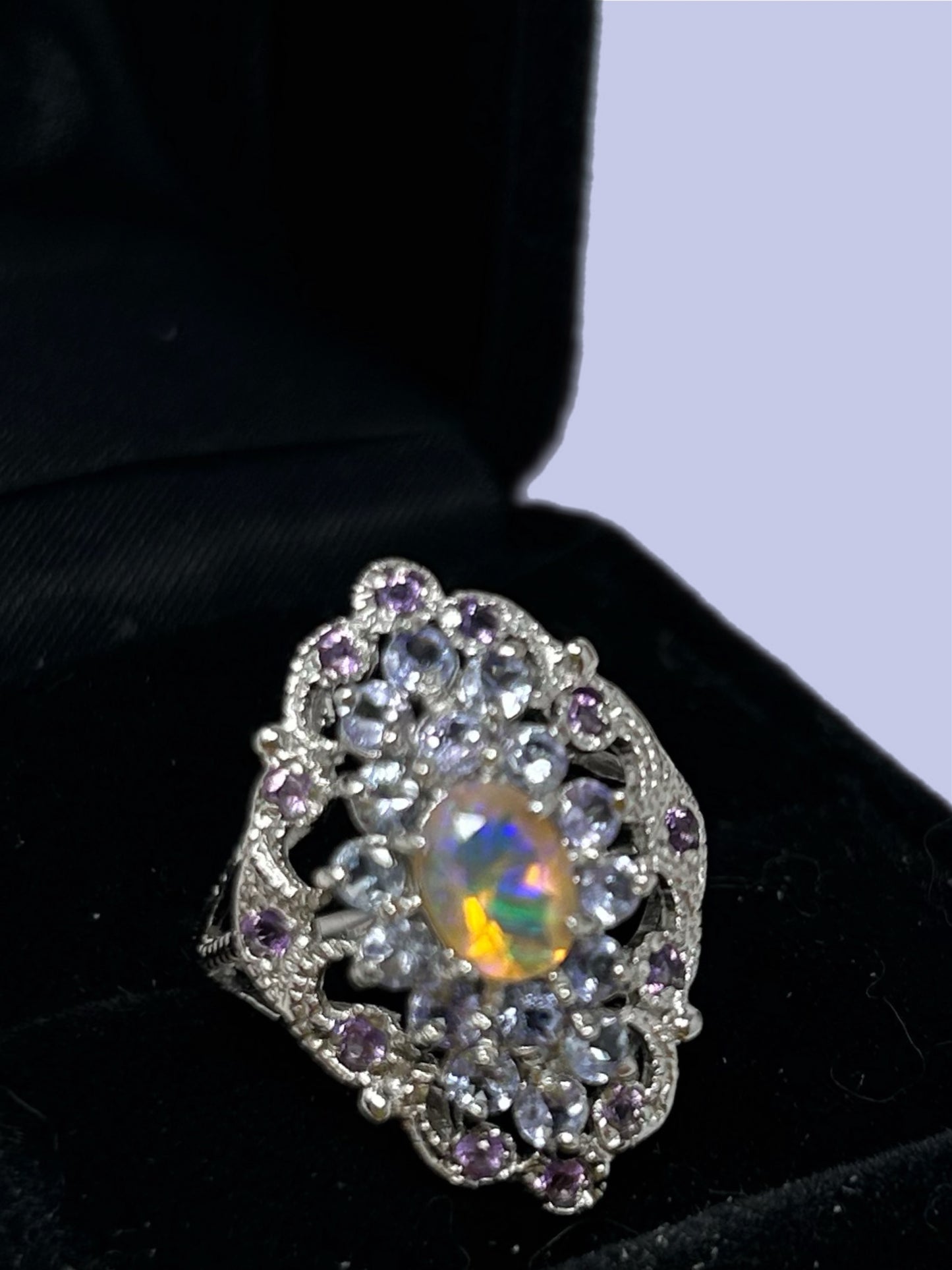 Genuine Natural, Fiery Faceted Opal & Tanzanite Ring