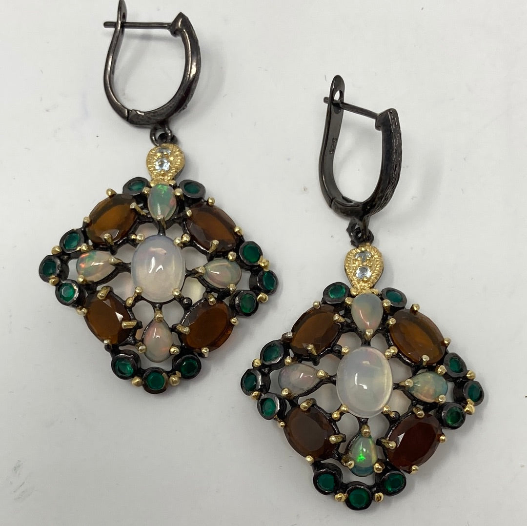 Fascinating Genuine Opal, Topaz & Onyx Earrings