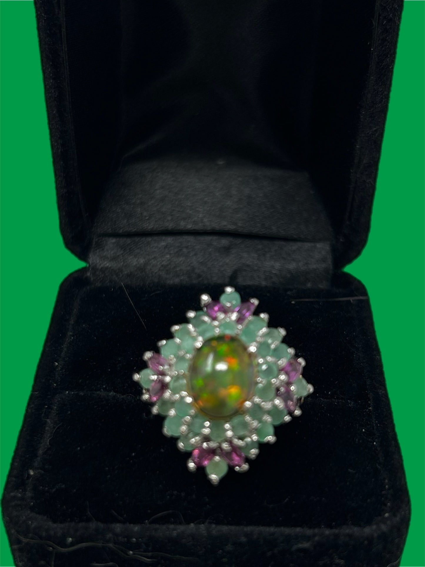 Genuine Fiery Opal with Emeralds Very High End Elegance