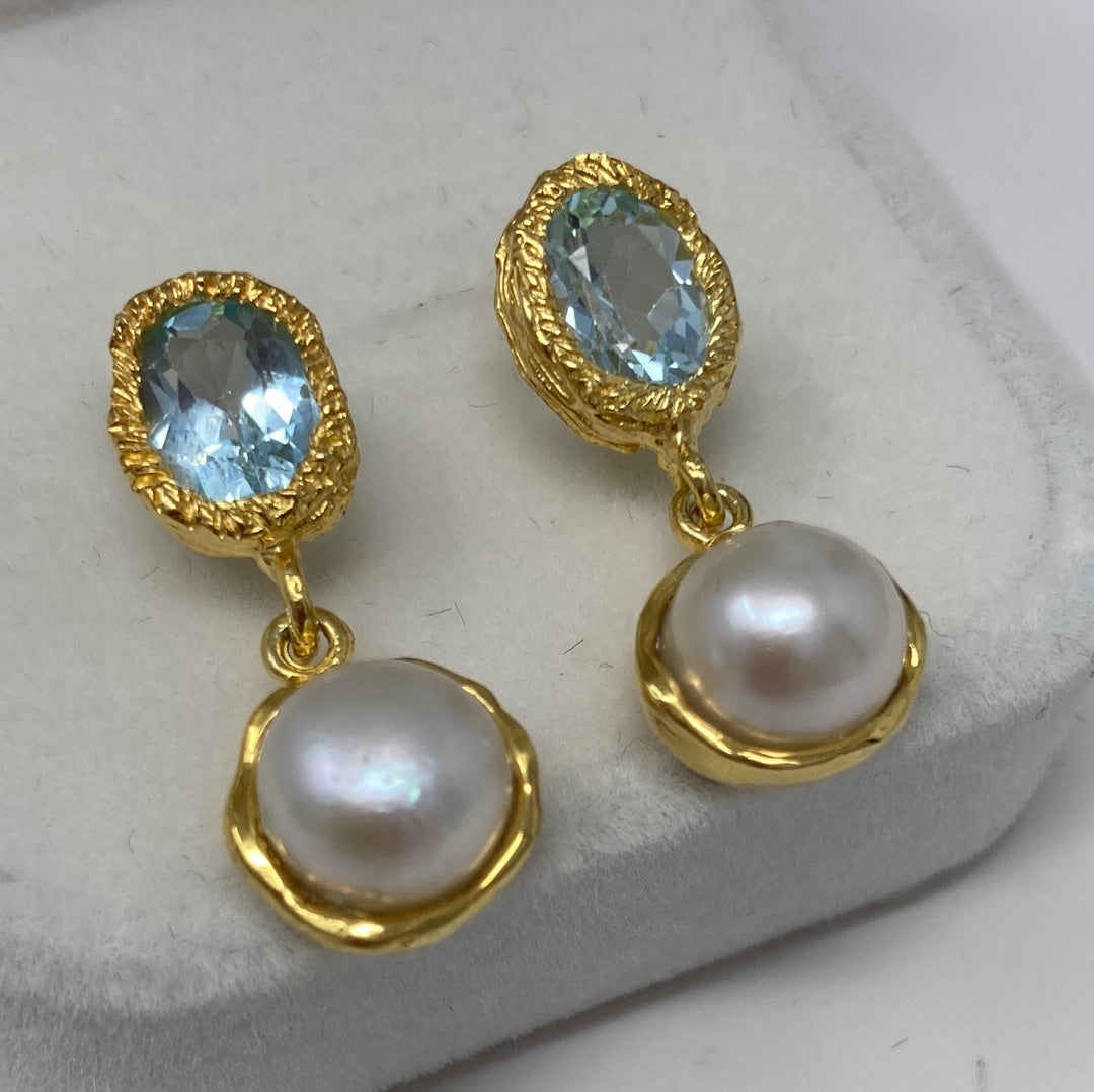 Genuine Pearl & Blue Topaz Earrings