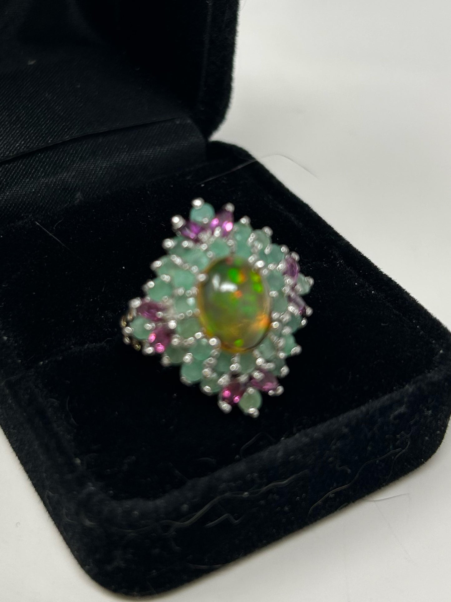 Genuine Fiery Opal with Emeralds Very High End Elegance