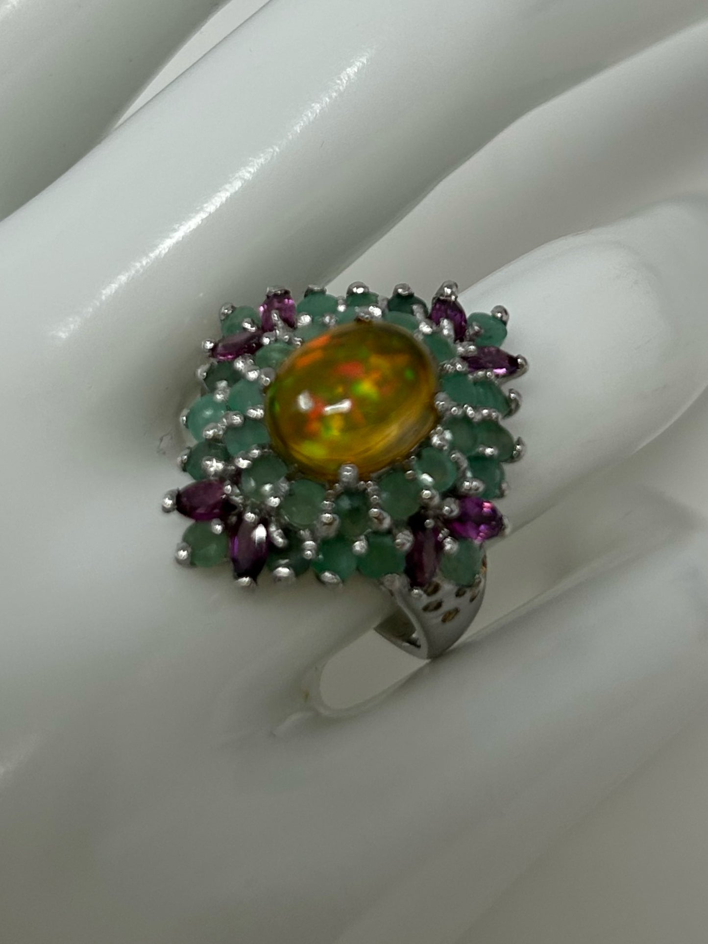 Genuine Fiery Opal with Emeralds Very High End Elegance