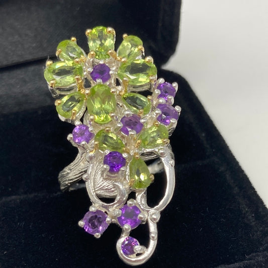 Adorable Genuine Peridot & Amethyst Ring