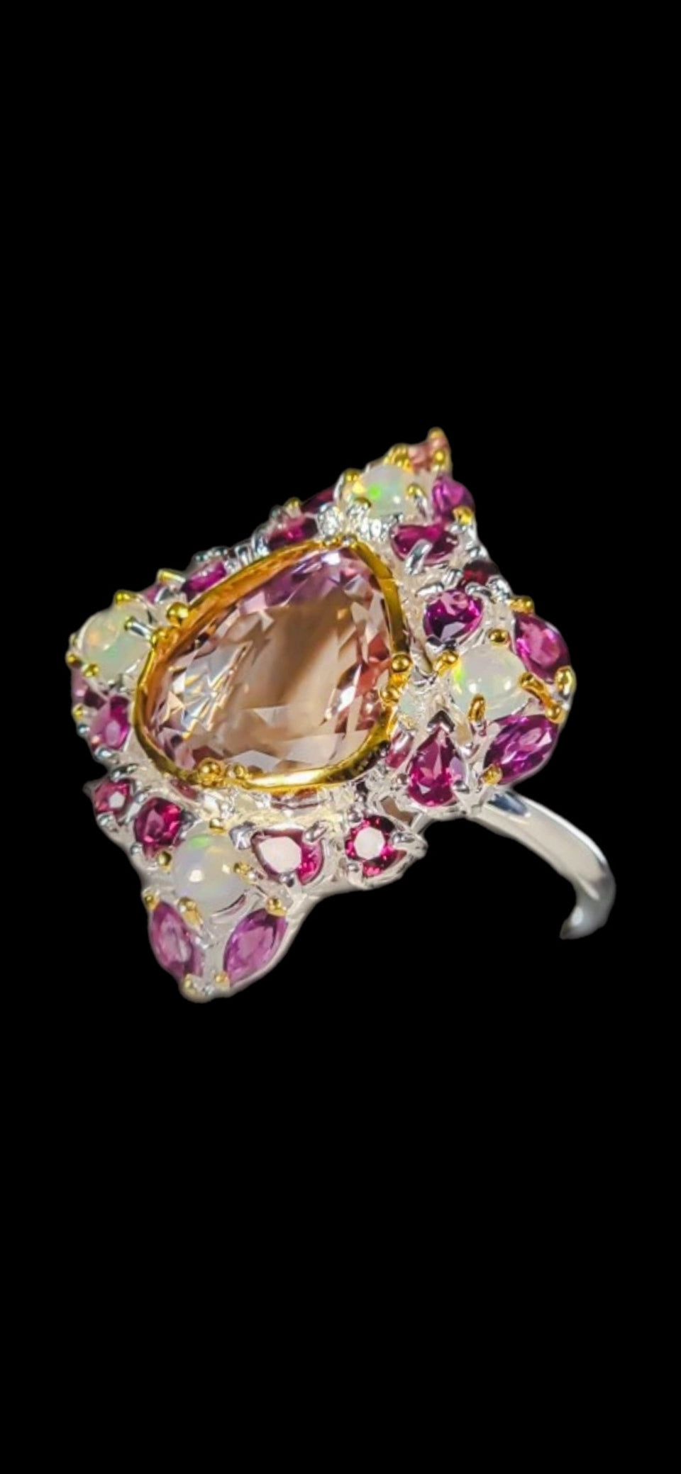 Exquisite Genuine Ametrine with Opals & Rhodolite Garnets Ring