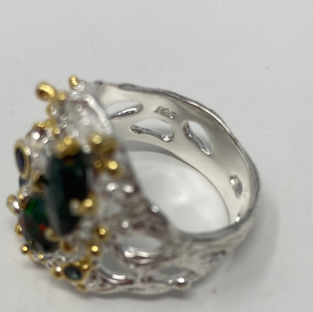 Genuine Black Opal & Sapphire Ring