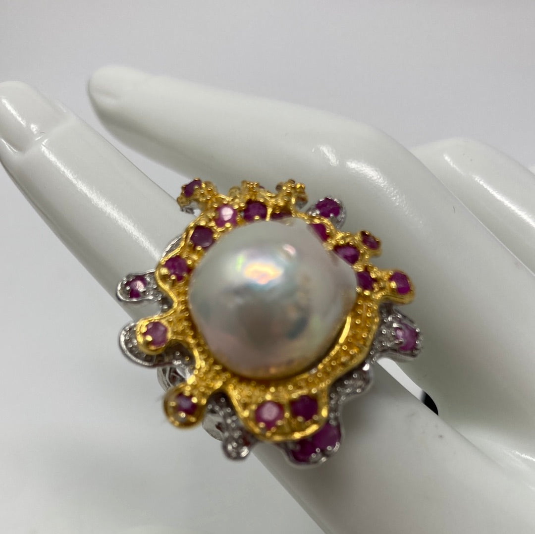 Genuine Luscious Baroque Pearl Embellished with Genuine Rubies