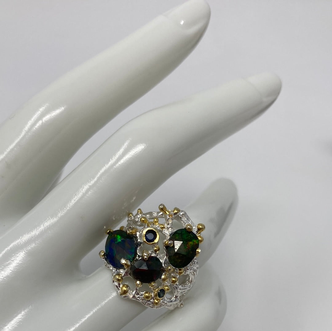 Genuine Black Opal & Sapphire Ring