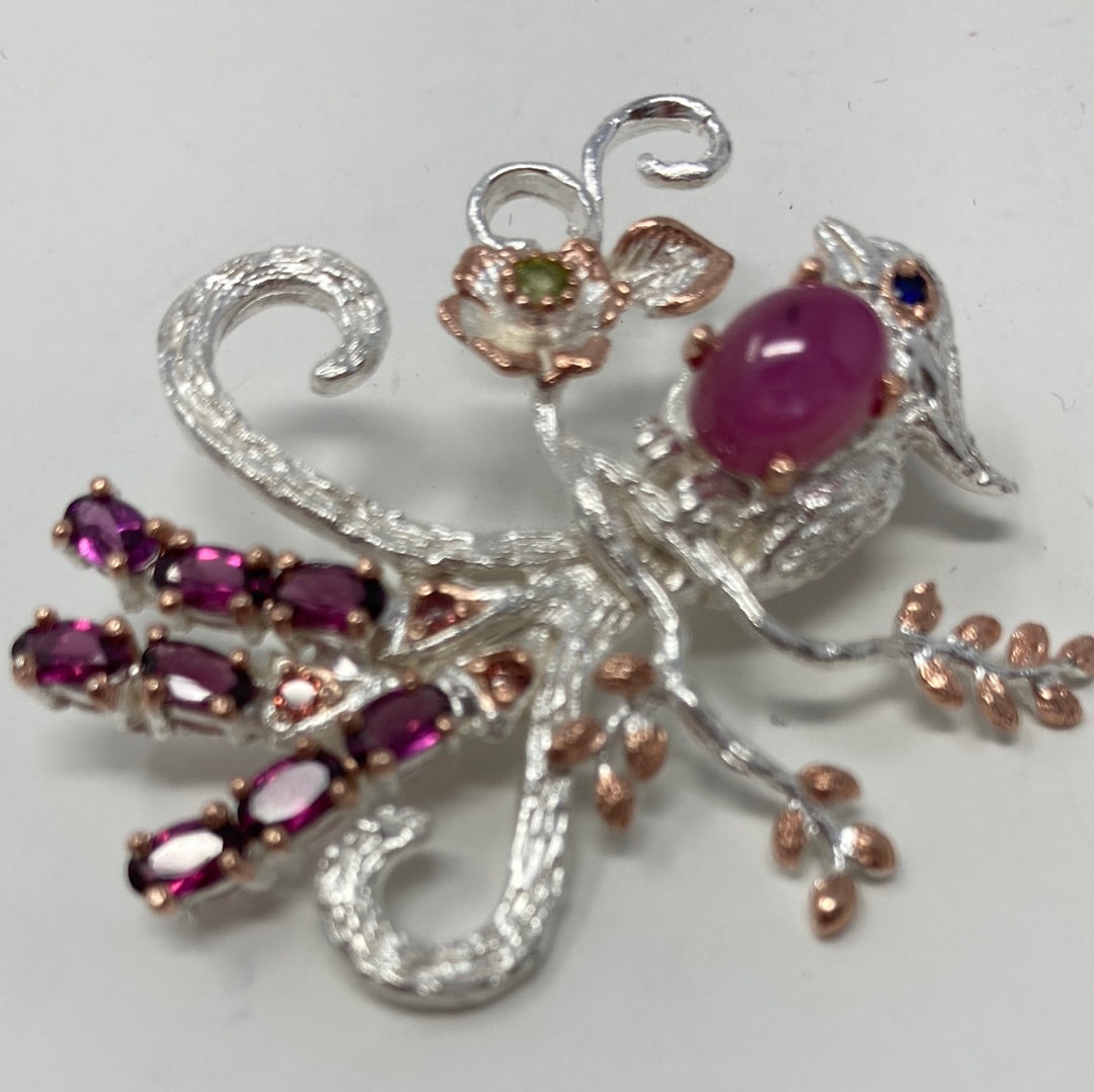 Genuine Ruby and Garnets Bird Brooch