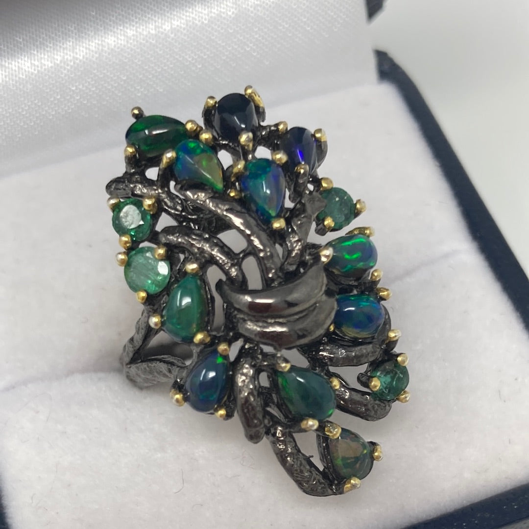 Bougie Genuine Black Opals & Emerald Ring