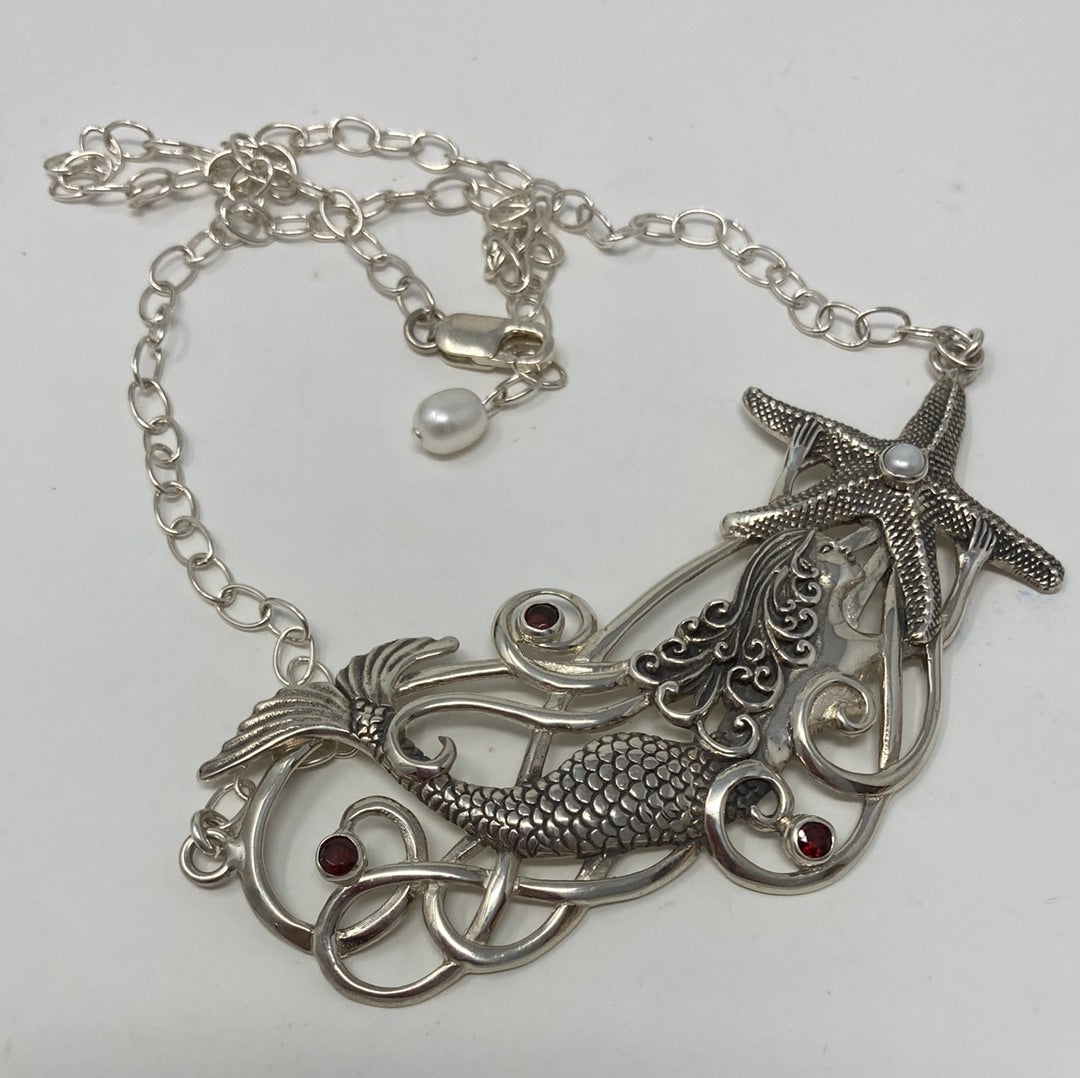 Artistic Sterling Silver Mermaid & Garnet Necklace