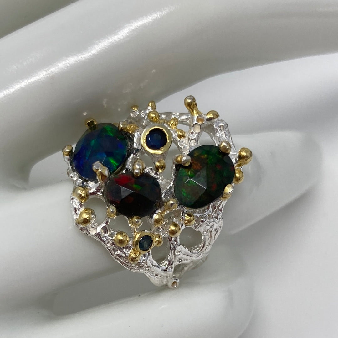 Genuine Black Opal & Sapphire Ring