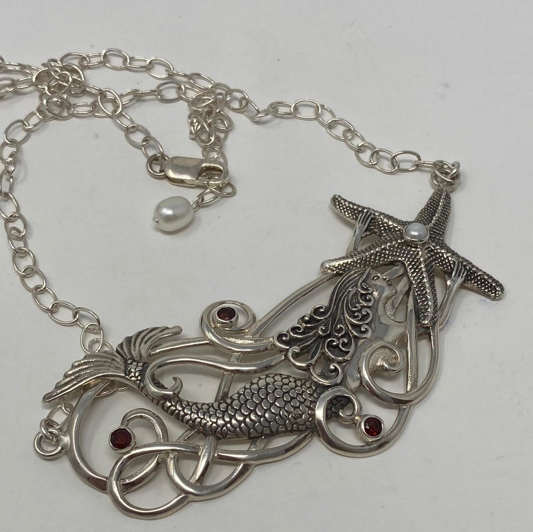Artistic Sterling Silver Mermaid & Garnet Necklace