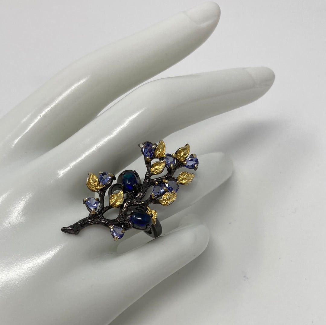 Bohemian Genuine Black Opals with Tanzanite Ring