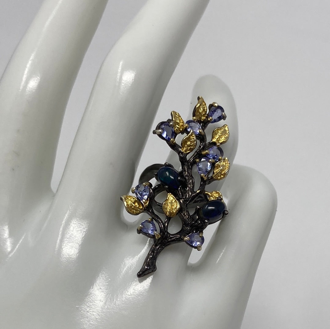 Bohemian Genuine Black Opals with Tanzanite Ring