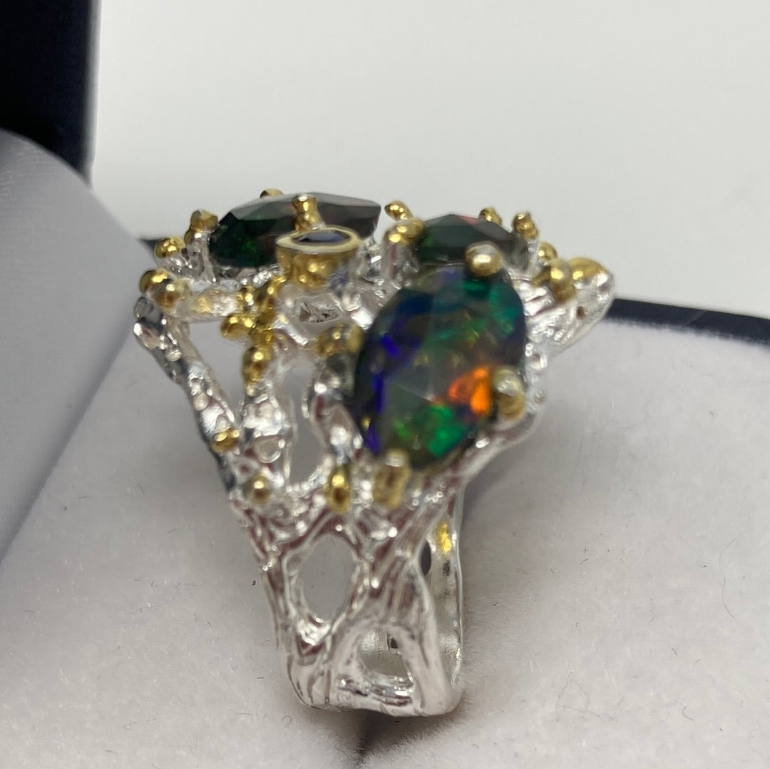Genuine Black Opal & Sapphire Ring