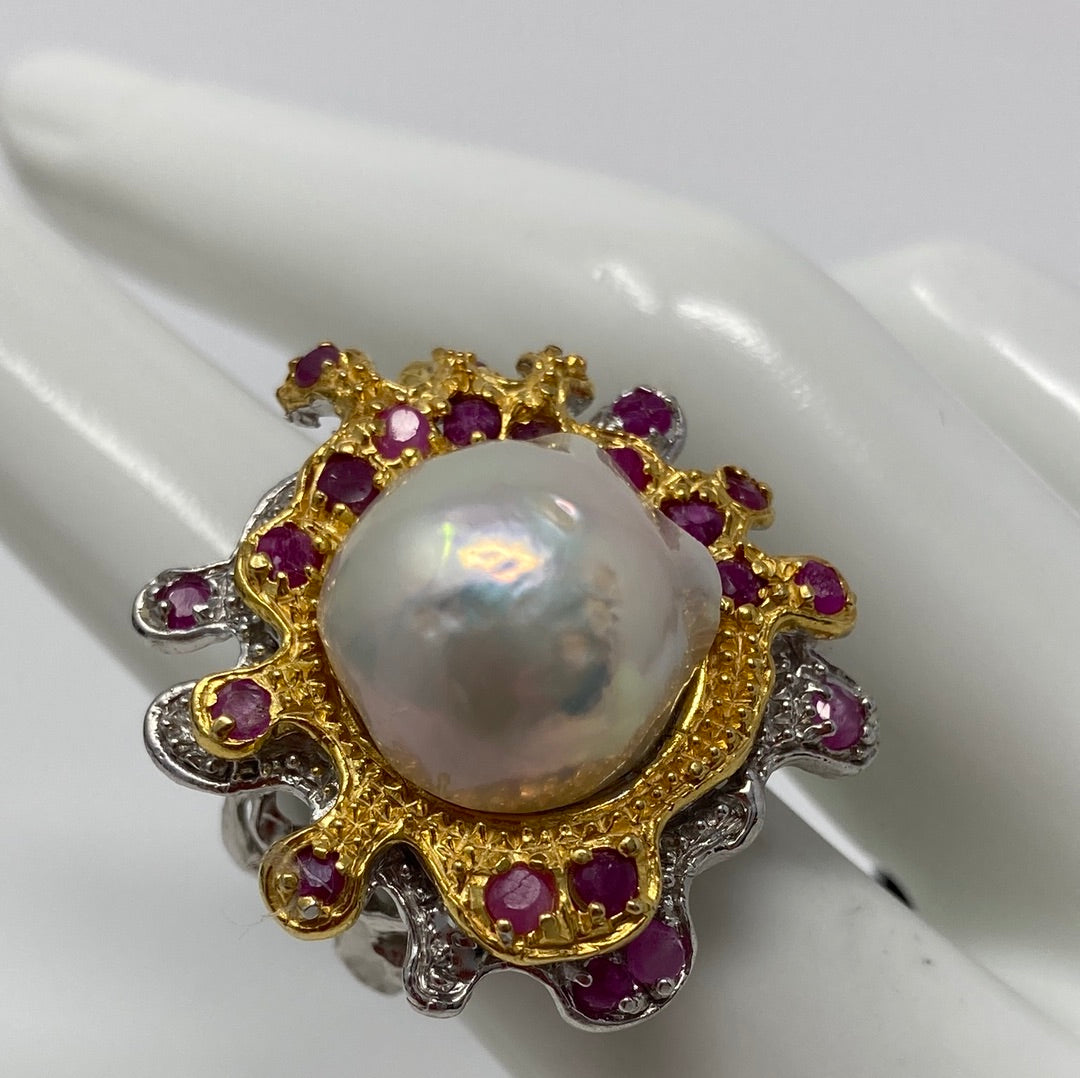 Genuine Luscious Baroque Pearl Embellished with Genuine Rubies