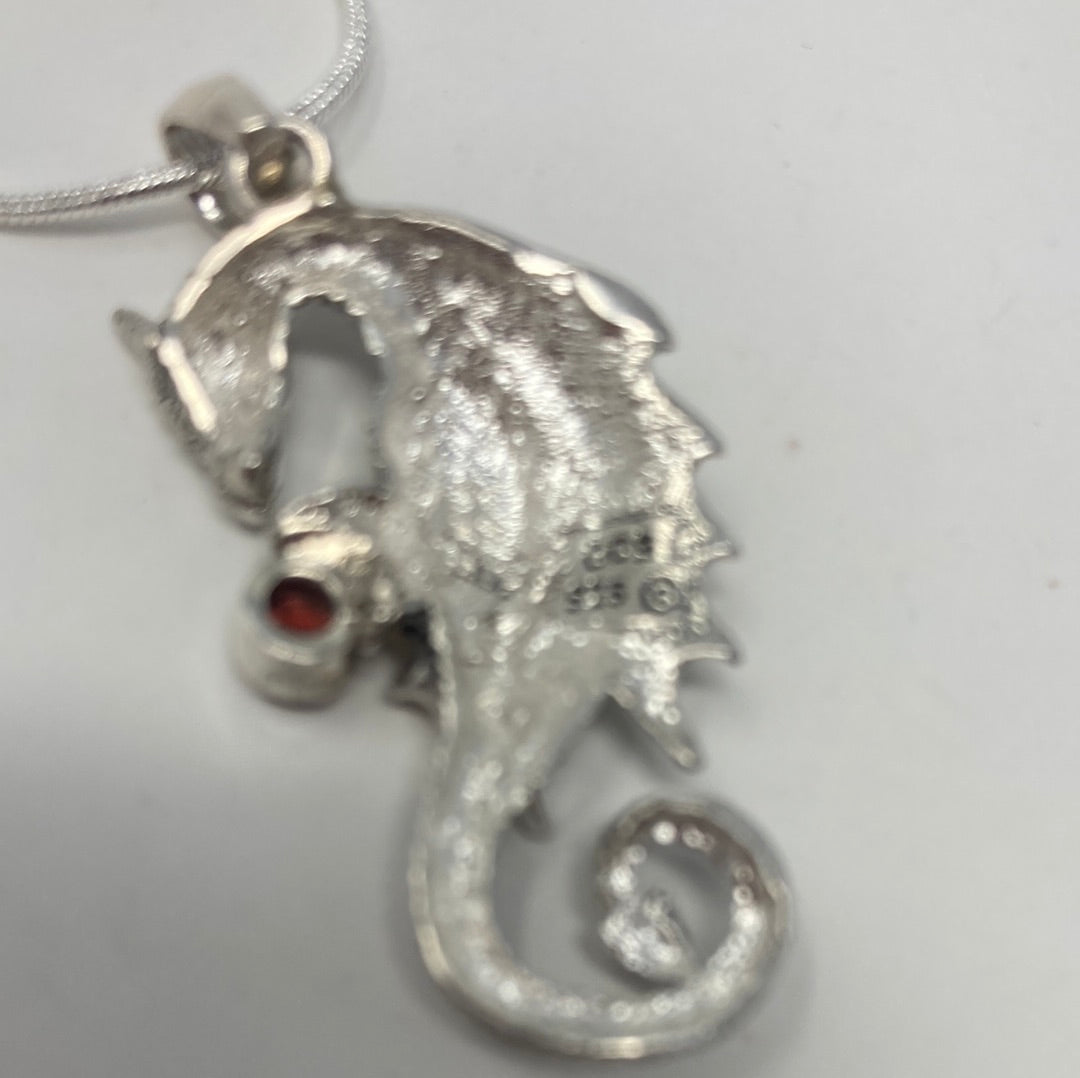 Artistic Unusual Sterling Dragon Pendant with Genuine Garnet