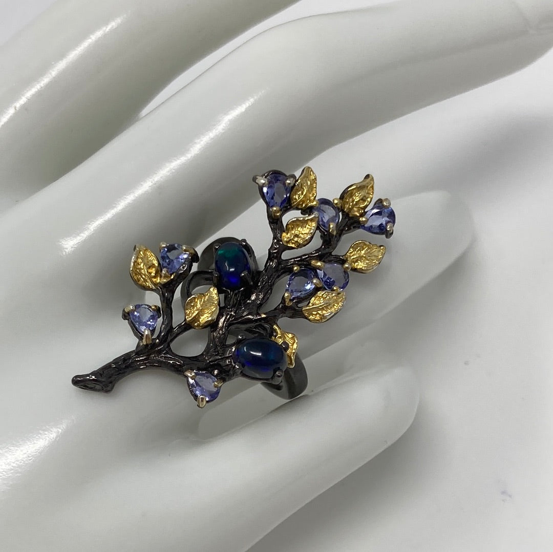 Bohemian Genuine Black Opals with Tanzanite Ring