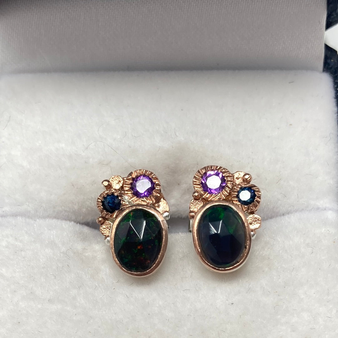 Genuine Faceted Black Opal Earring