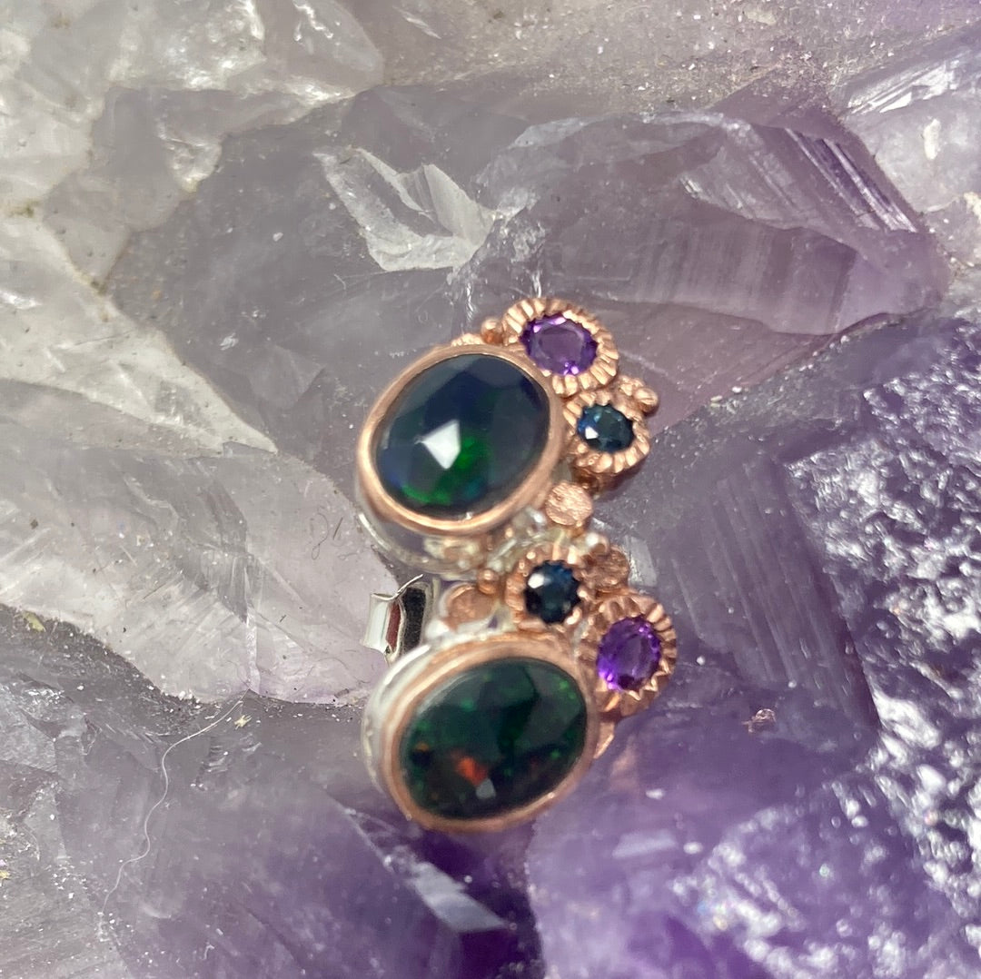 Genuine Faceted Black Opal Earring