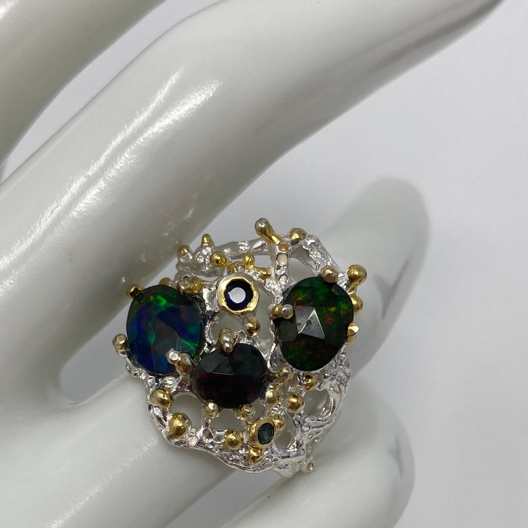 Genuine Black Opal & Sapphire Ring