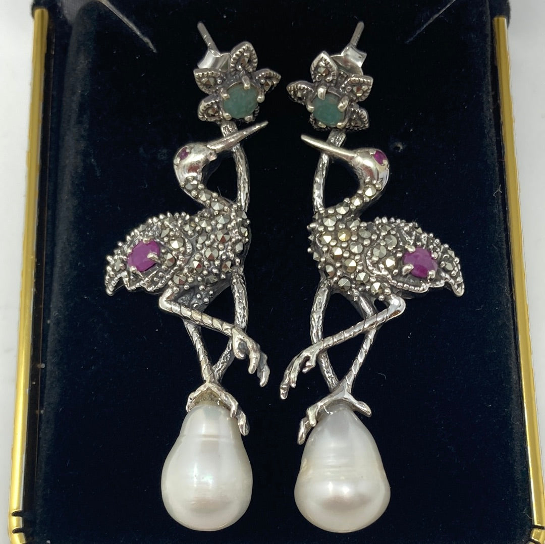 Incredible Genuine Ruby & Emerald Bird Earrings