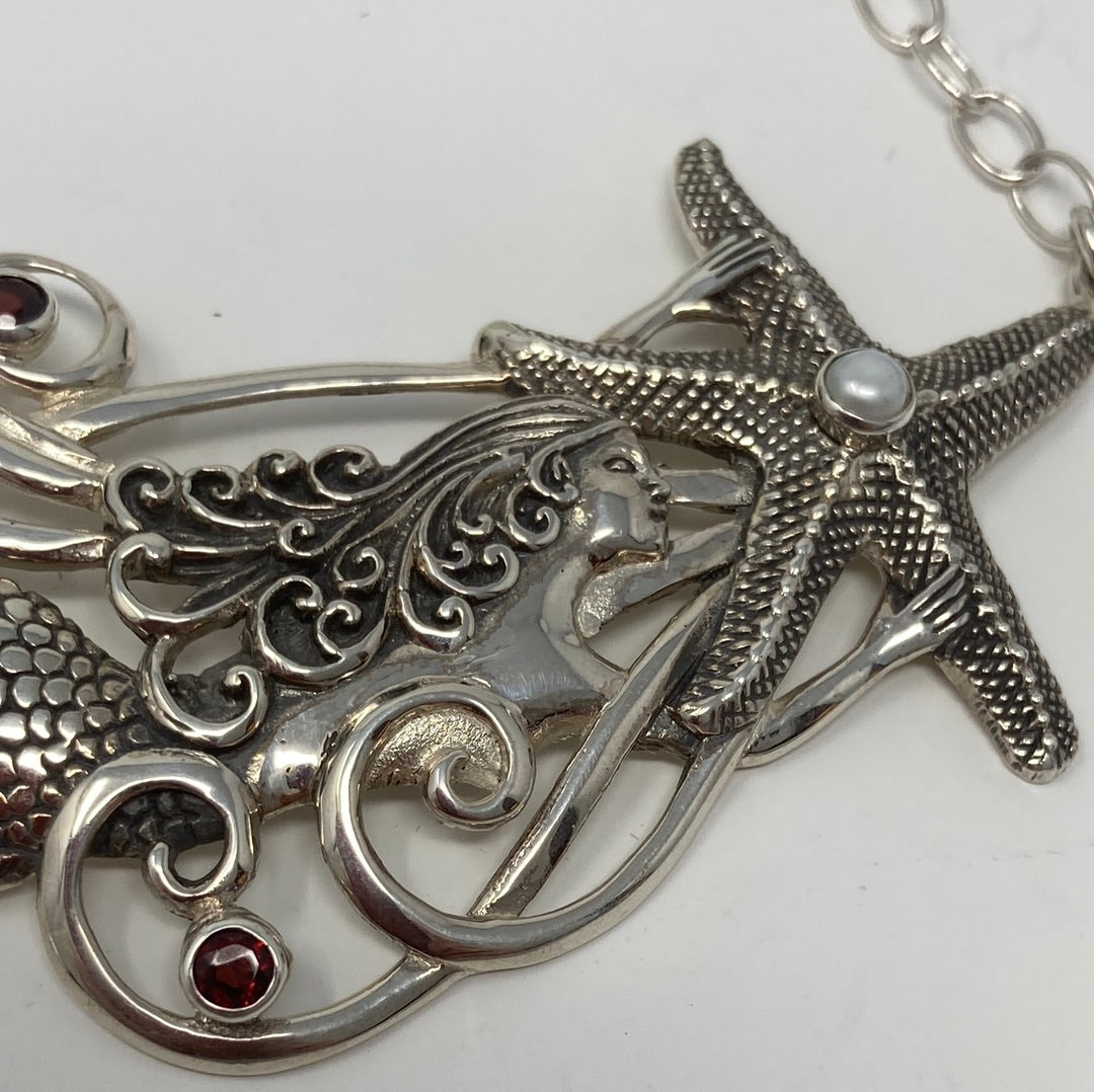 Artistic Sterling Silver Mermaid & Garnet Necklace