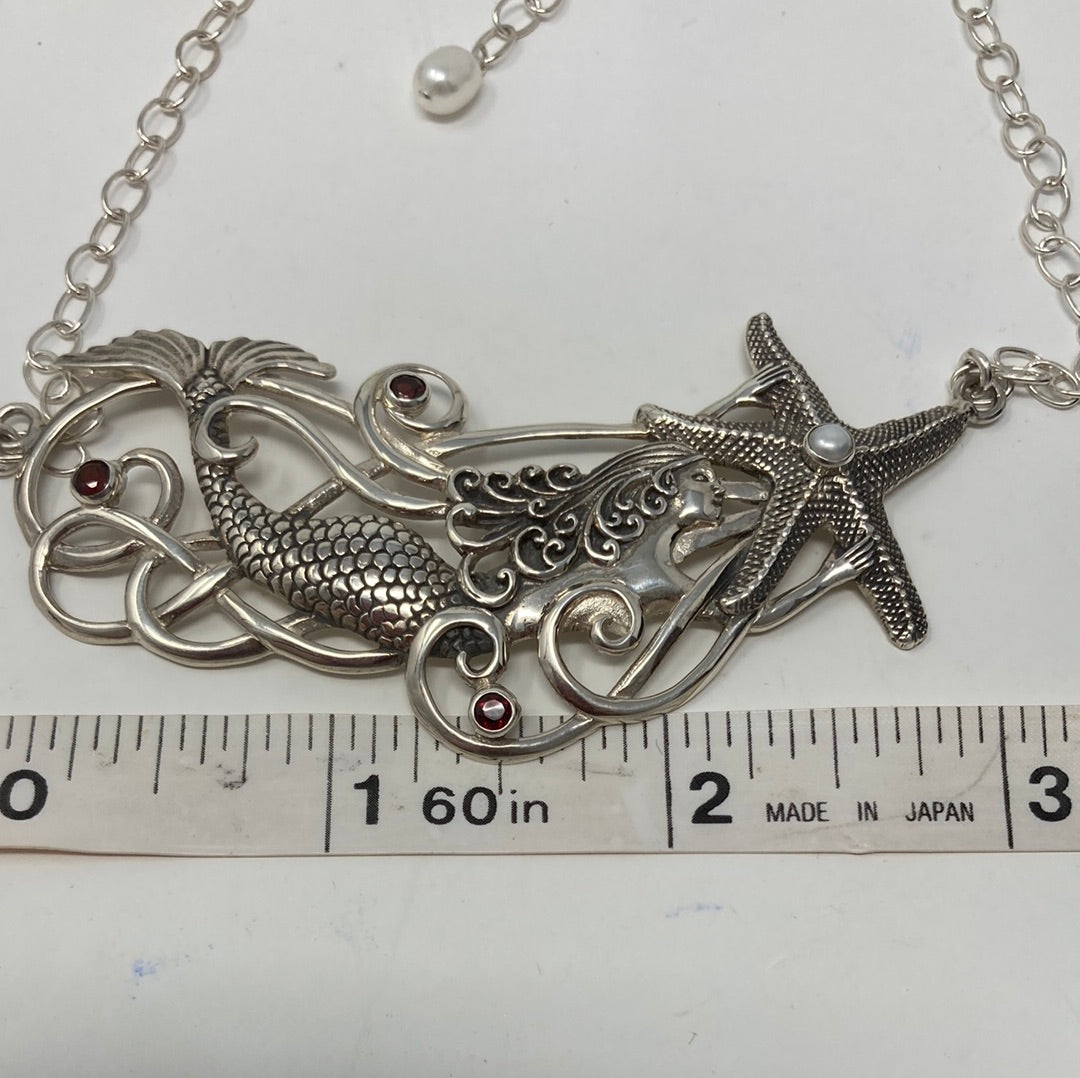 Artistic Sterling Silver Mermaid & Garnet Necklace
