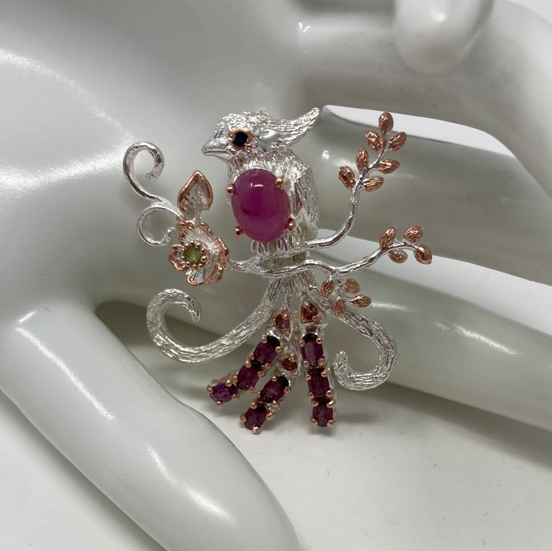Genuine Ruby and Garnets Bird Brooch