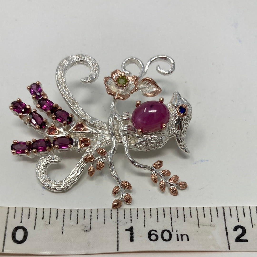 Genuine Ruby and Garnets Bird Brooch