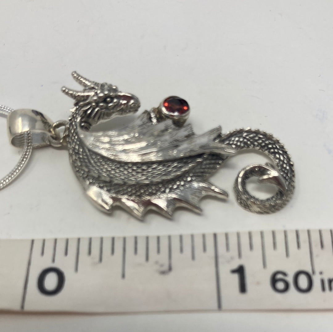 Artistic Unusual Sterling Dragon Pendant with Genuine Garnet