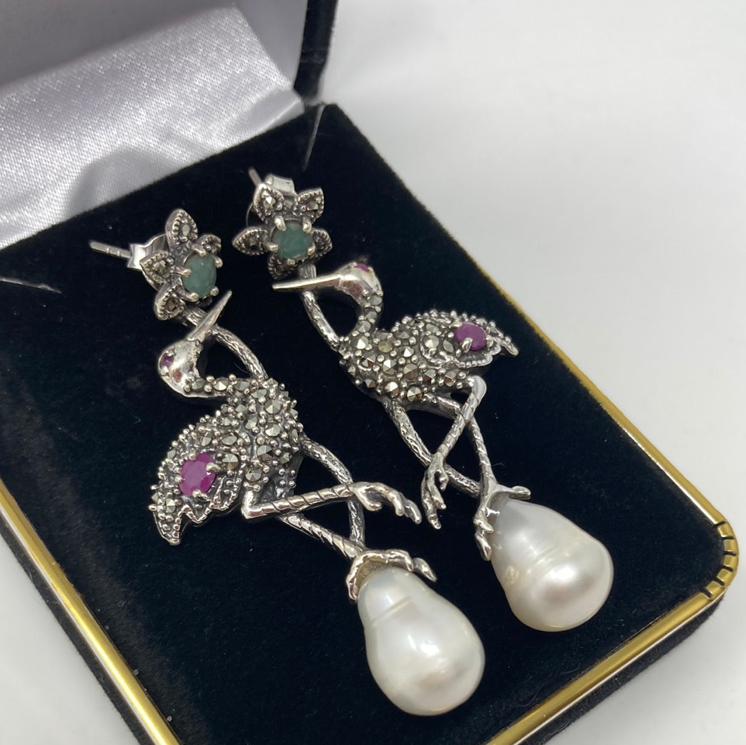 Incredible Genuine Ruby & Emerald Bird Earrings