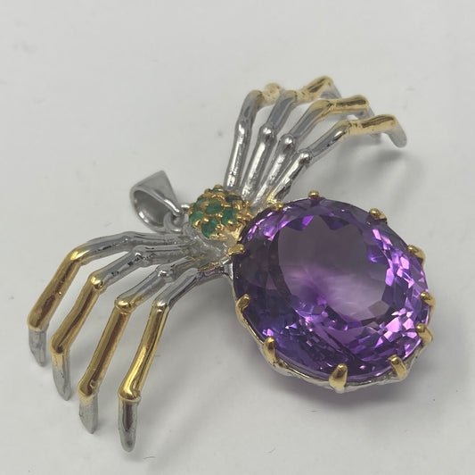 Unbelievable 28+ CTW Genuine Amethyst & Emerald Spider Pendant