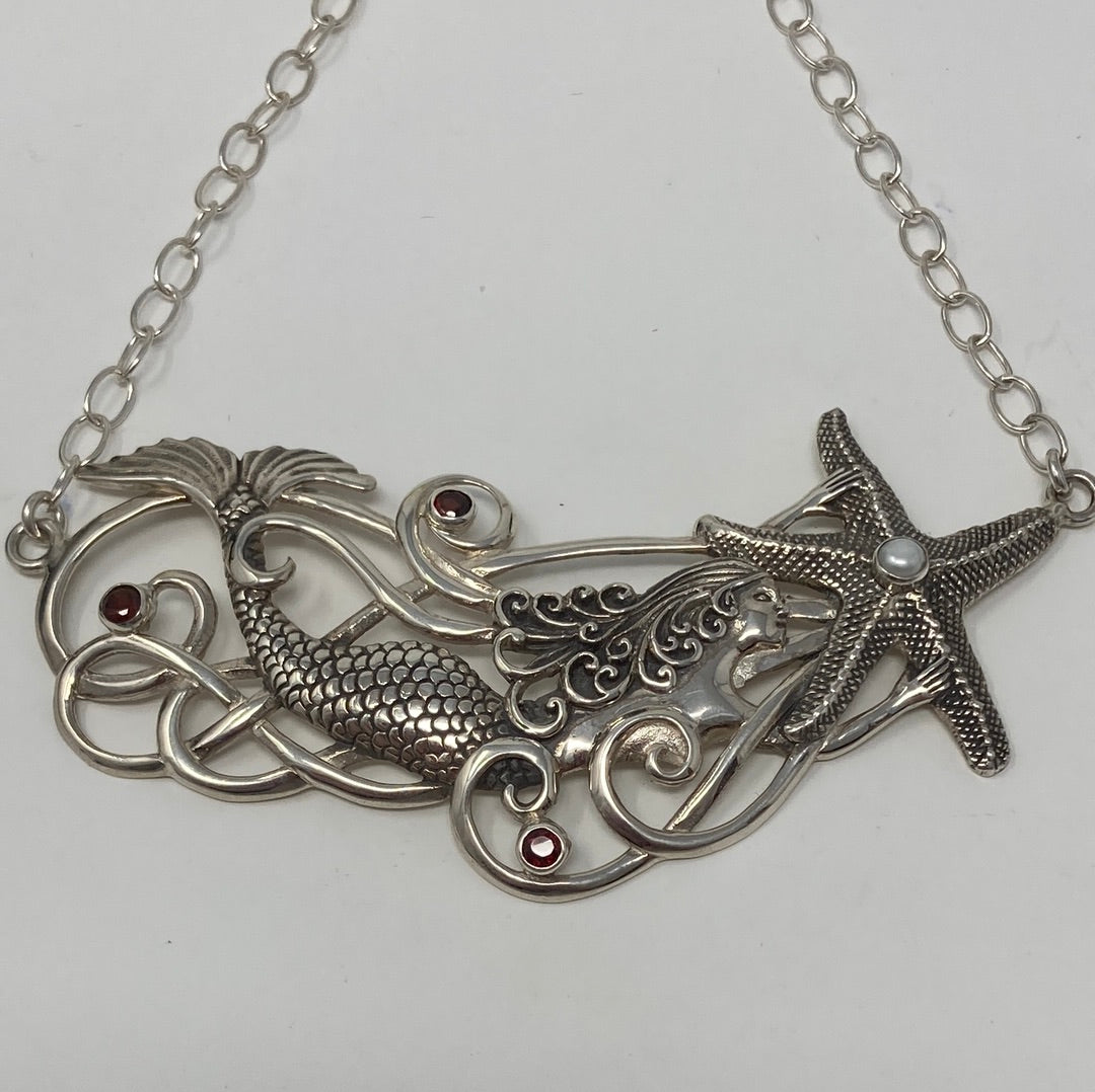 Artistic Sterling Silver Mermaid & Garnet Necklace
