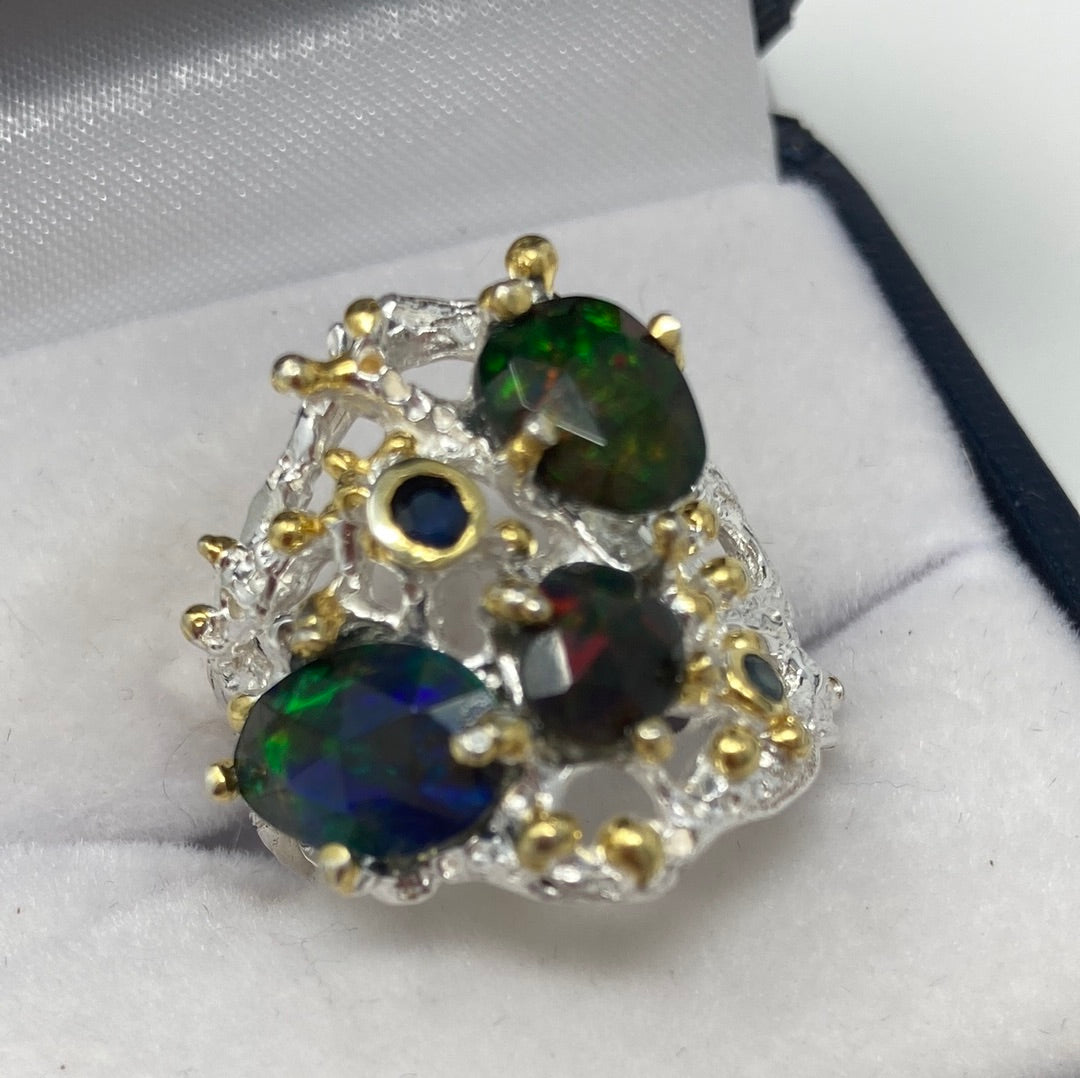 Genuine Black Opal & Sapphire Ring