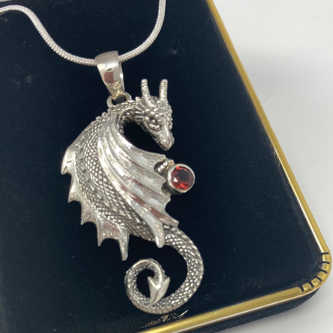 Artistic Unusual Sterling Dragon Pendant with Genuine Garnet