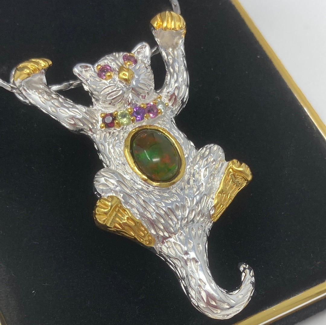 The Royal Cat, Genuine Fiery Black Opals & Gemstone Pendant.