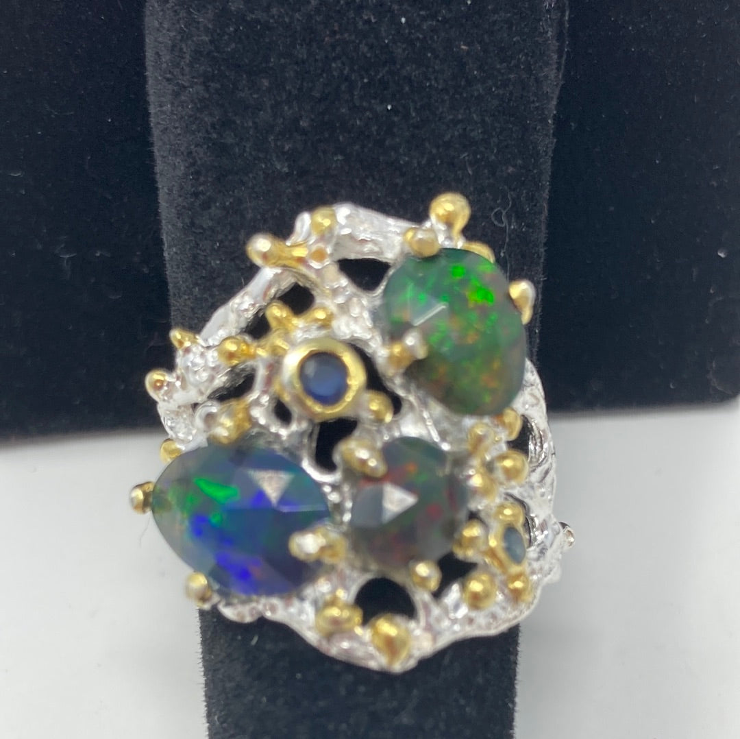 Genuine Black Opal & Sapphire Ring