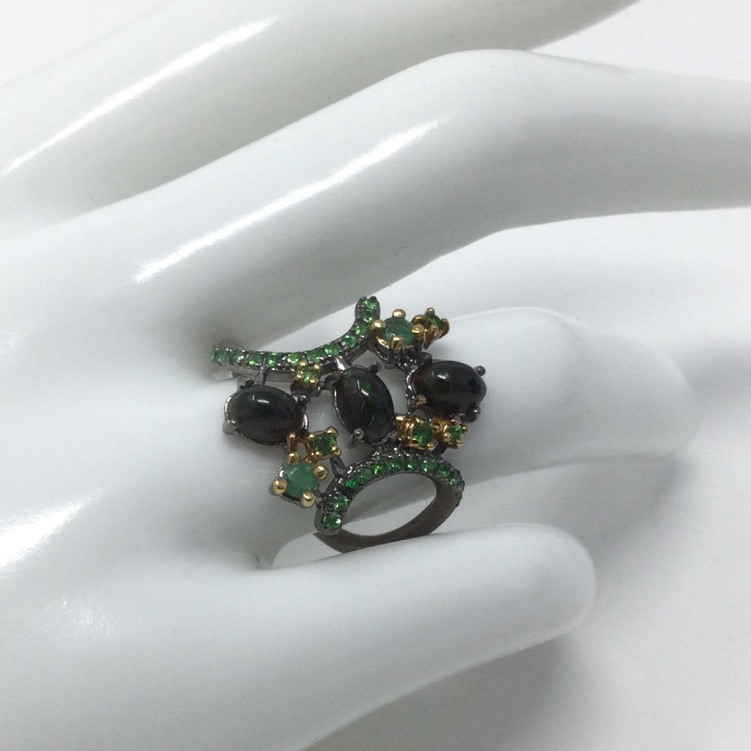 Genuine Black Opals & Emeralds & Tsavorsite Garnet Ring