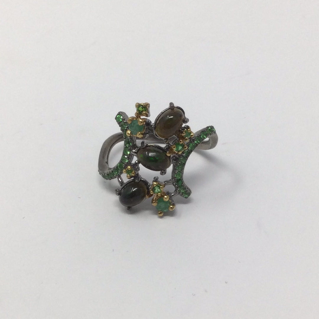 Genuine Black Opals & Emeralds & Tsavorsite Garnet Ring