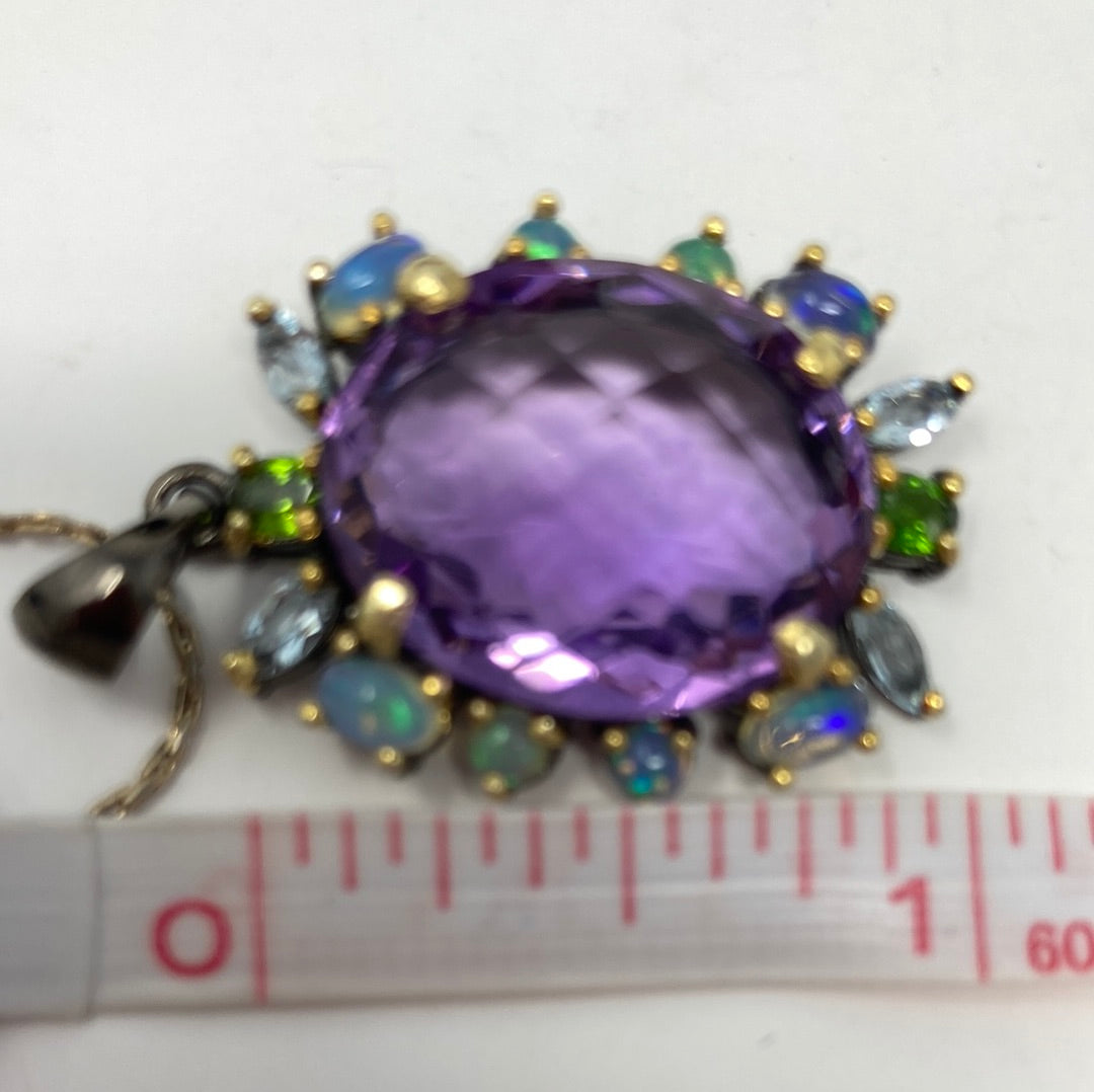Rare Checkerboard Faceting Genuine Amethyst & Opal Pendant