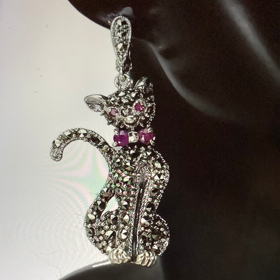 Unique Cat Earrings with Genuine Rubies