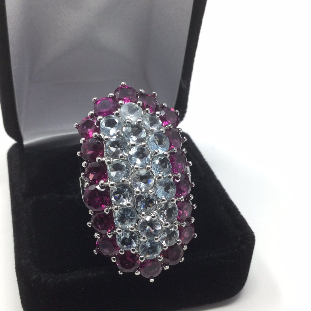 Elegant Genuine Aquamarine & Garnet Rng