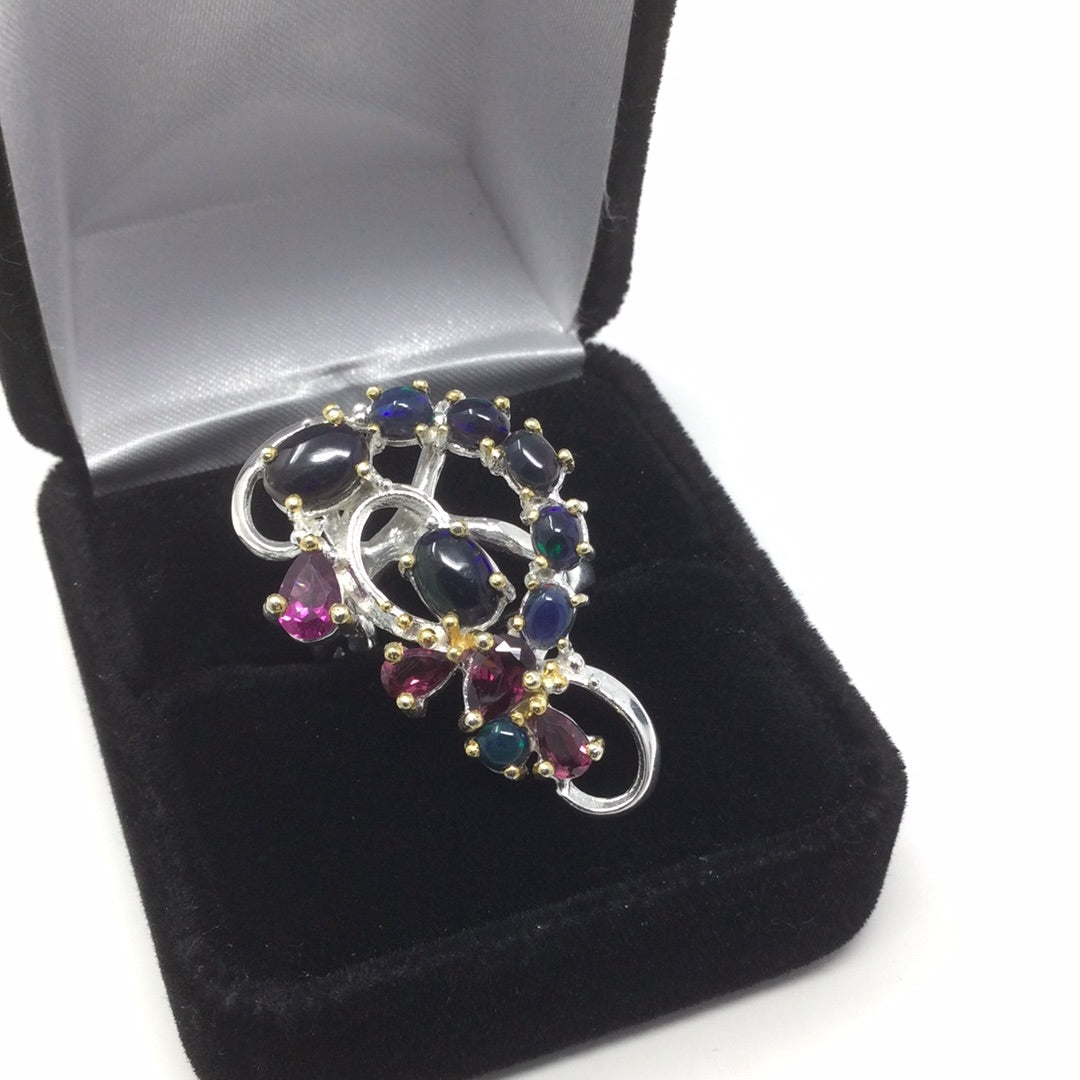 Bejeweled Black Opals & Garnet Ring