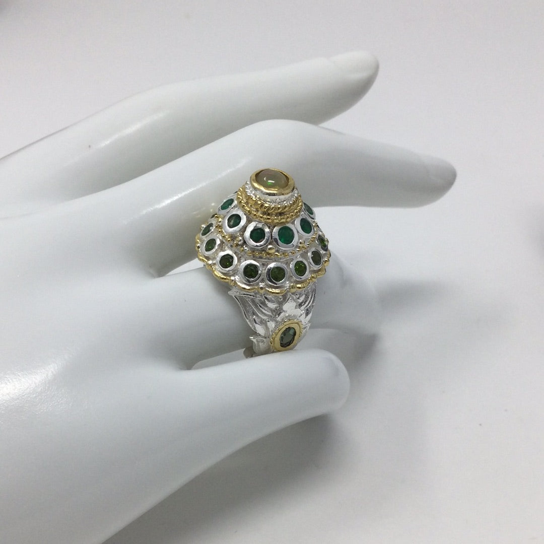 Voluptuous Genuine Fiery Opal, Russian Chrome Diopside Bejeweled Dome Ring