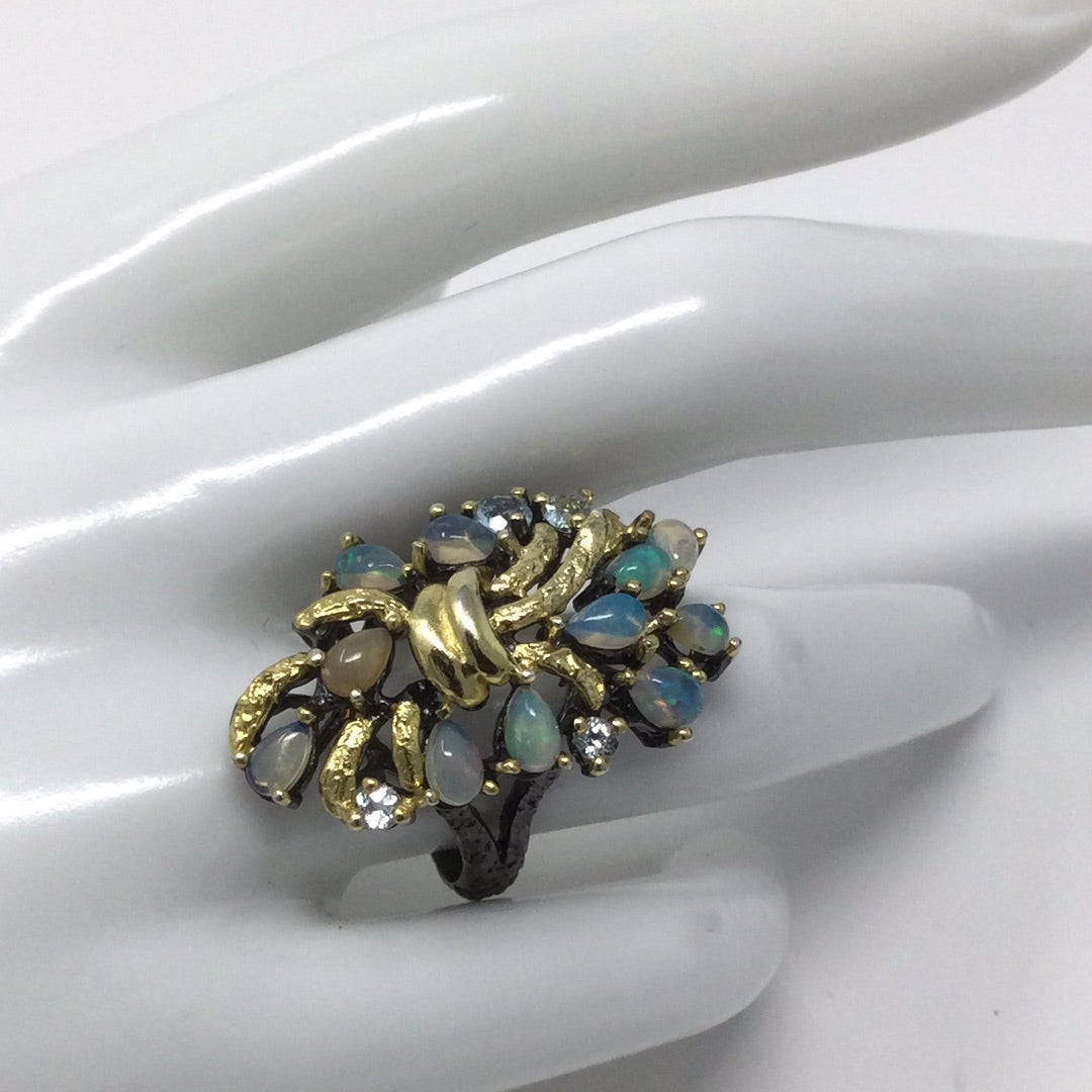 Bouquet Of Genuine Opals & Topaz Ring