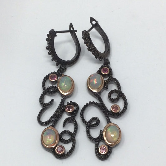 Genuine Fiery Opal & Pink Tourmaline Earrings