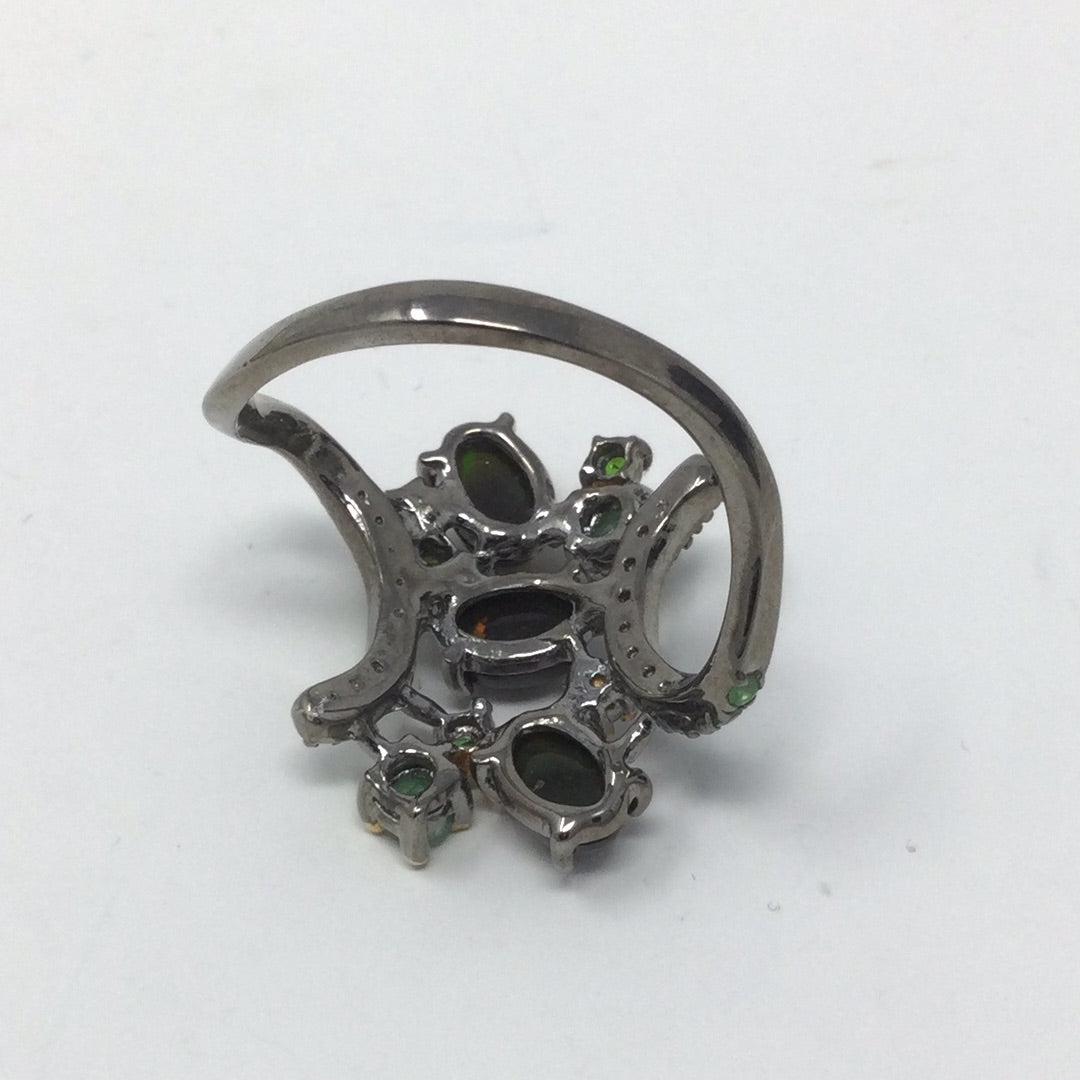 Genuine Black Opals & Emeralds & Tsavorsite Garnet Ring