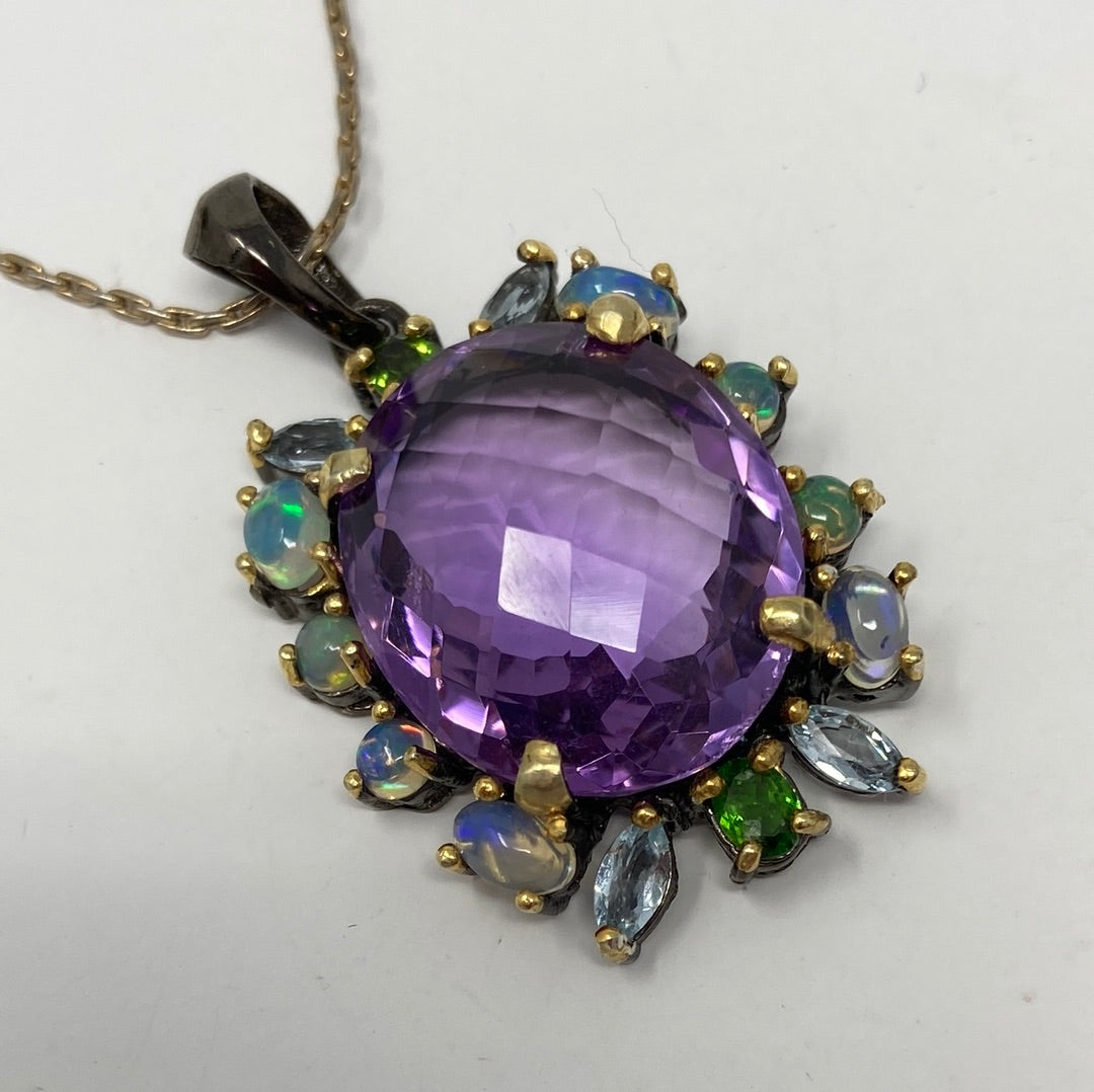Rare Checkerboard Faceting Genuine Amethyst & Opal Pendant