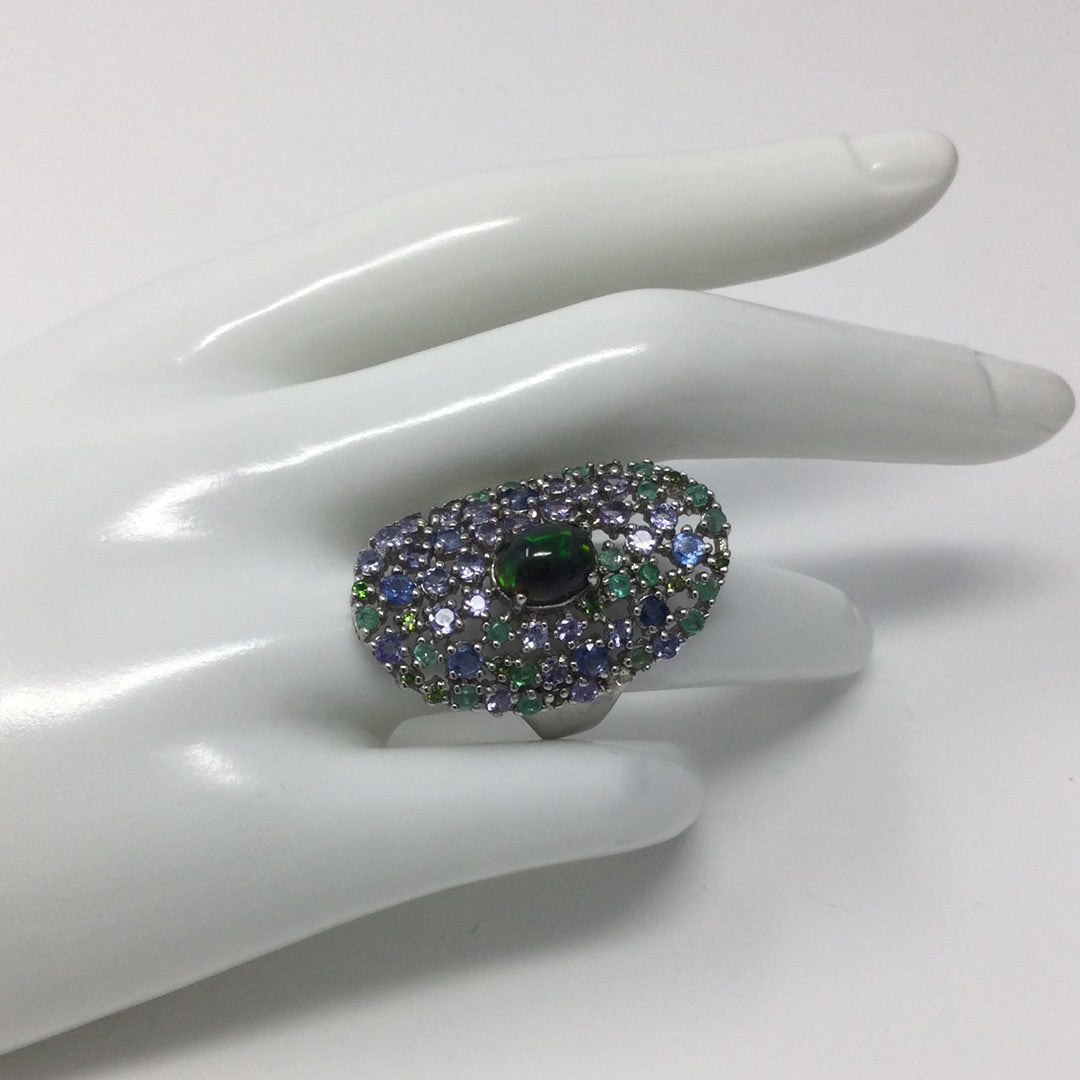 Rare Genuine Black Opal, Tanzanite & Emerald Ring